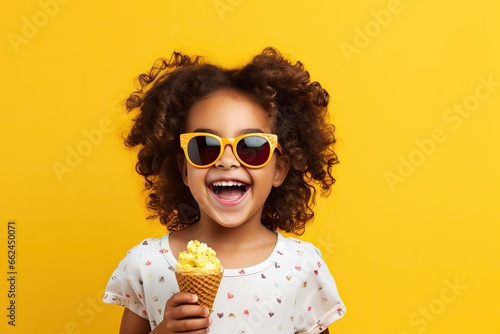 A cute little girl enjoying a sweet and delicious ice cream cone on a summer vacation, looking pleased and satisfied.