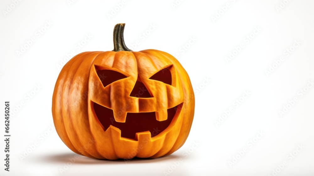 Obraz premium Jack-o-lantern pumpkin with carved face on white background with copy space, symbol of Halloween.