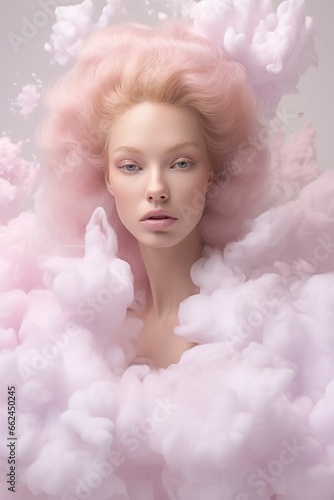 dreamlike image of a model surrounded by clouds