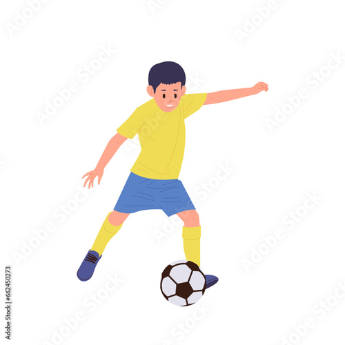 Little boy soccer player cartoon character playing football kicking ball enjoying sport training