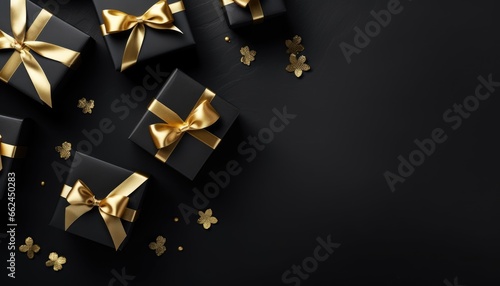 Black Matte Gift Box with Golden Ribbon Bow,top view ,on Black Matte Background with copy space ,xmas 