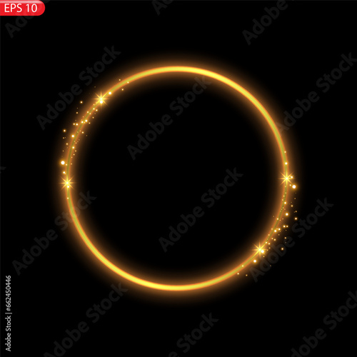 Gold circles frame with glitter light effect. A golden flash flies in a circle in a luminous ring.