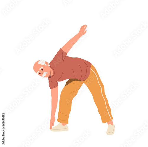Old senior man cartoon character doing joint gymnastics morning physical exercise isolated on white