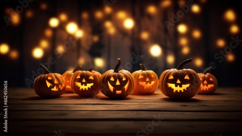 Creepy Halloween jack o lantern pumpkins with carved faces lit up on a wooden table with magic bokeh lights on background, creating a spooky atmosphere.