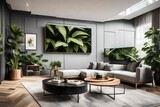 A Canvas Frame for a mockup in a modern TV room with biophilic design elements, capturing the synthesis of indoor plants