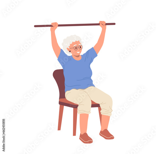 Old senior woman cartoon character doing training workout with body-bar equipment sitting on chair