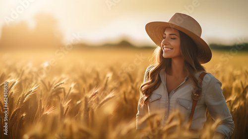 Portrait of a female farmer wearing overalls and a straw hat, standing in the middle of a green wheat field during sunrise Agriculture © Design Council
