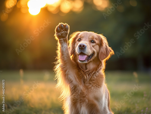 Red Labrador Retriever raised her paw up as a greeting against the warm rays of the setting sun. Animal protection concept.