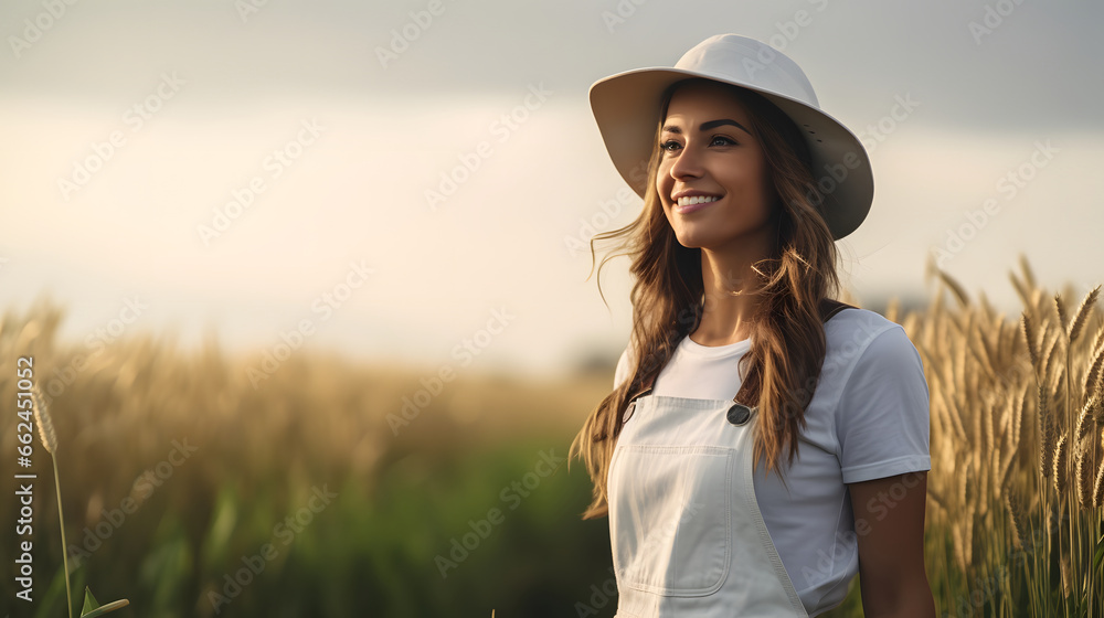 Portrait of a female farmer wearing overalls and a straw hat, standing ...