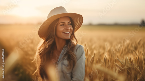 Portrait of a female farmer wearing overalls and a straw hat, standing in the middle of a green wheat field during sunrise Agriculture © Design Council