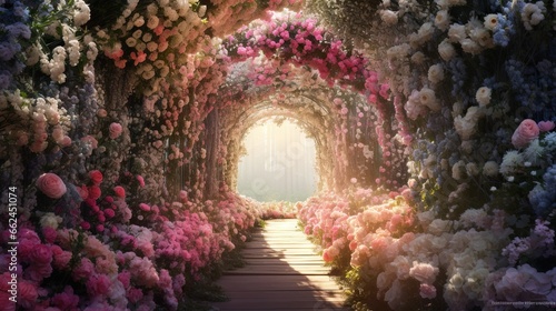 Stampa su tela a tunnel of flowers with the sun shining through the tunnel