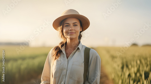 Portrait of a female farmer wearing overalls and a straw hat, standing in the middle of a green wheat field during sunrise Agriculture