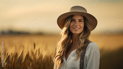 Portrait of a female farmer wearing overalls and a straw hat, standing in the middle of a green wheat field during sunrise Agriculture