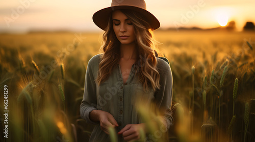 Portrait of a female farmer wearing overalls and a straw hat, standing in the middle of a green wheat field during sunrise Agriculture