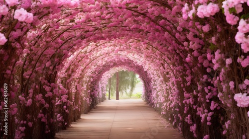  a tunnel of pink flowers with a walkway in the background.  generative ai © Anna