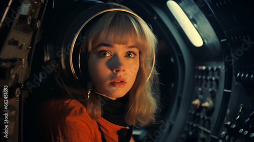 1960s inspired, close up of a blonde woman wearing a helmet inside the cockpit of a space ship