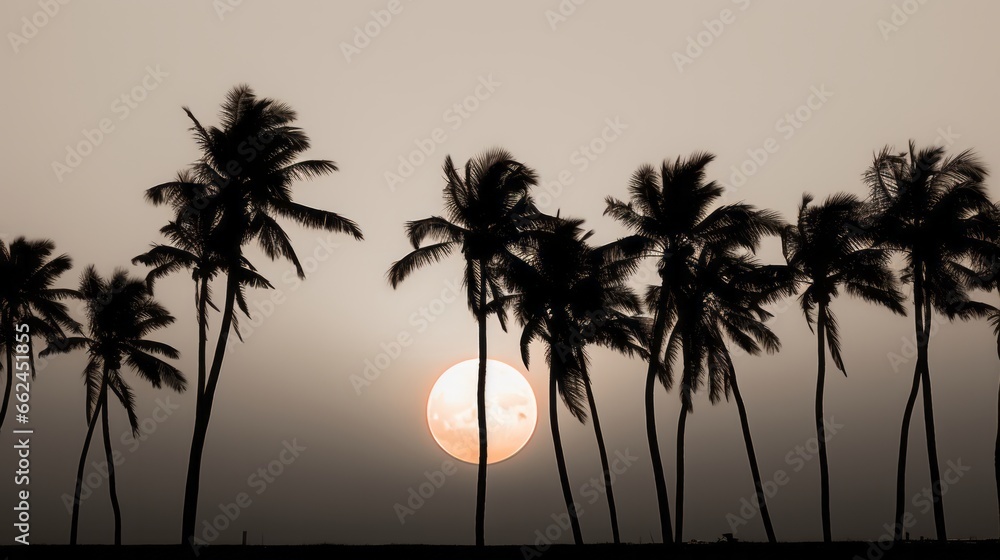 The sun is setting behind a row of palm trees