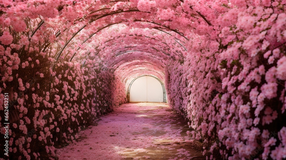  a tunnel of pink flowers with a tunnel in the middle.  generative ai - obrazy, fototapety, plakaty 