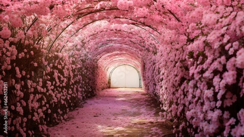  a tunnel of pink flowers with a tunnel in the middle. generative ai