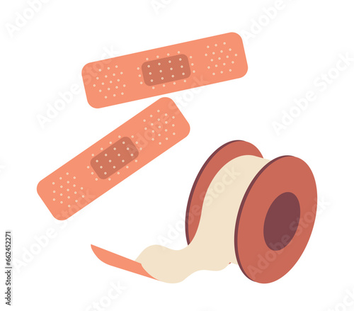 Medical adhesive plaster wound patches kit and duct tape roll isolated on white background