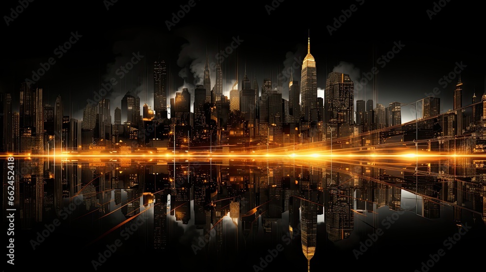 AI-generated panoramic landscape illustration of a city skyline with a streak of light on its horizon line. MidJourney.