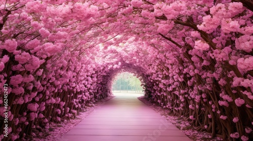  a tunnel of trees with pink flowers on the trees lining the walkway. generative ai