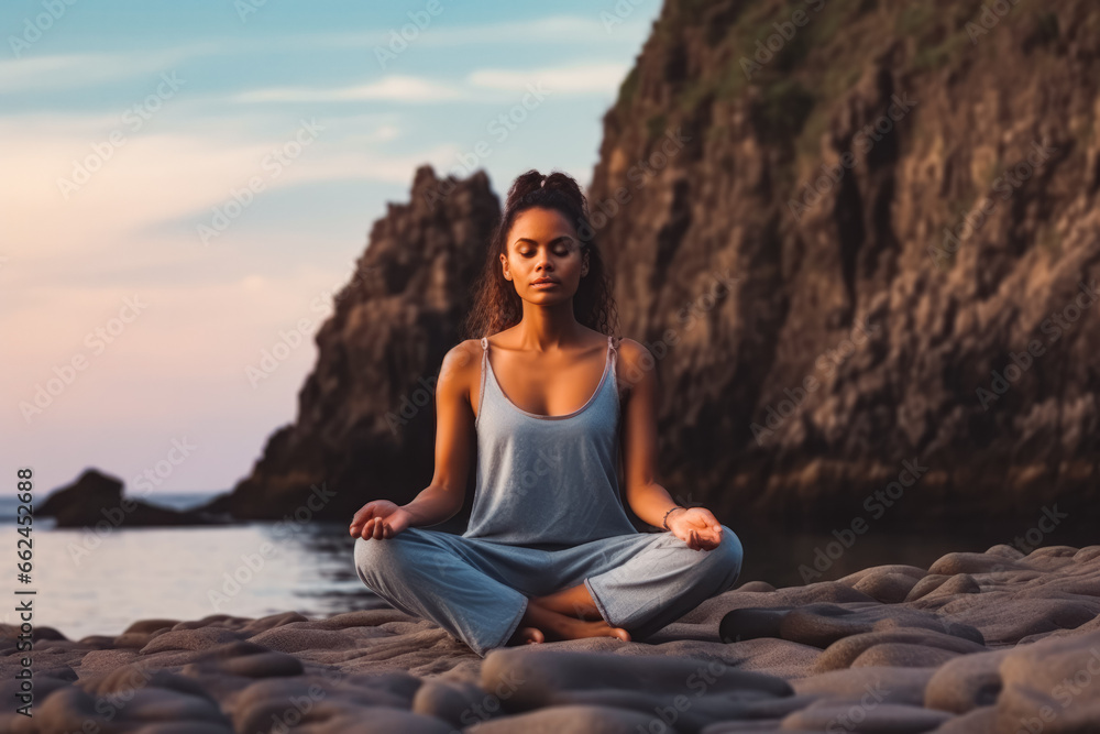 African american woman doing yoga in serene nature background. Young woman exercising. Peaceful black woman doing exercises in nature. African american woman doing yoga in serene nature background. Young woman exercising. Peaceful black woman doing exercises in nature.