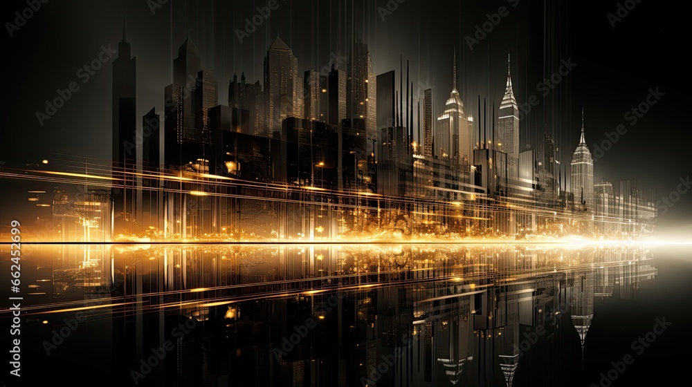 AI-generated panoramic landscape illustration of a city skyline with a streak of light on its horizon line. MidJourney.