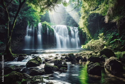Scenic view of waterfall in forest. Large waterfall with peaceful scenic green nature.