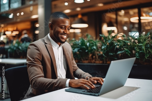 African american businessman working behind laptop. Businessman male entrepreneur sitting at conference table having a video conference on his laptop. © VisualProduction