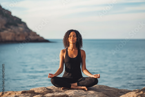 African american woman doing yoga in serene nature background. Young woman exercising. Peaceful black woman doing exercises in nature.