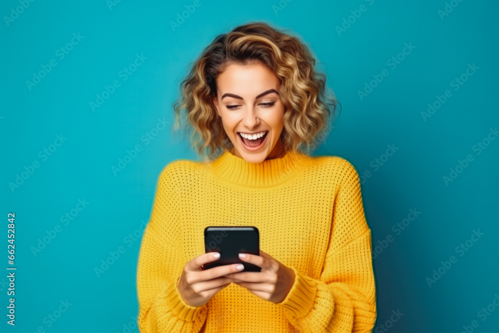 funny cheerful woman in yellow sweater with a phone in her hands. Smiling young woman looking at her phone and smiling at the good news. funny cheerful woman in yellow sweater with a phone in her hands. Smiling young woman looking at her phone and smiling at the good news.