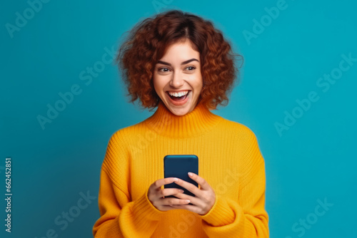 funny cheerful woman in yellow sweater with a phone in her hands. Smiling young woman looking at her phone and smiling at the good news.