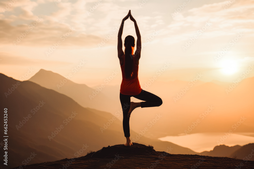 Silhouette of fitness girl practicing yoga on mountain top. Serene backlit woman on mountain doing relaxing meditation and yoga pose.