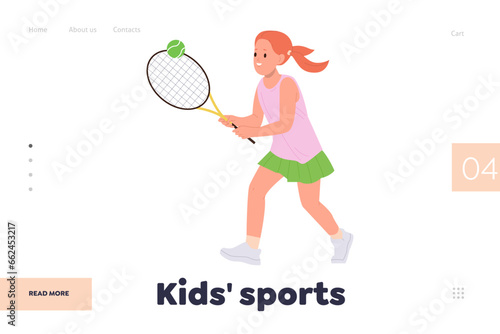 Landing page template promoting kids sport offering big tennis training and recreation activity
