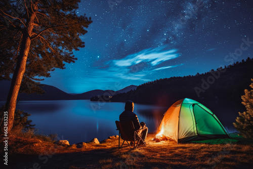 night camping on shore. Man and woman hikers having a romantic fire lit up by their tent looking at stars. Campers on campground on vacation by lake.