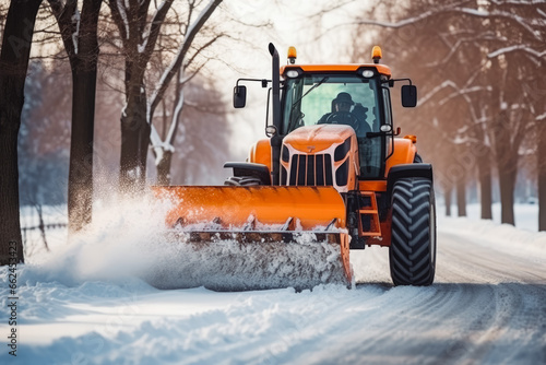 Tractor clearing the sidewalk from snow with snow plow. Snow plow truck on snowy road. Road safety in winter conditions. © VisualProduction