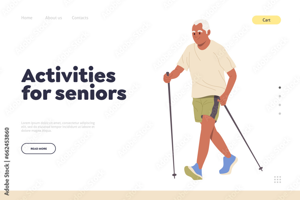 Landing page for online service offers sport activities for seniors to develop health athletic body