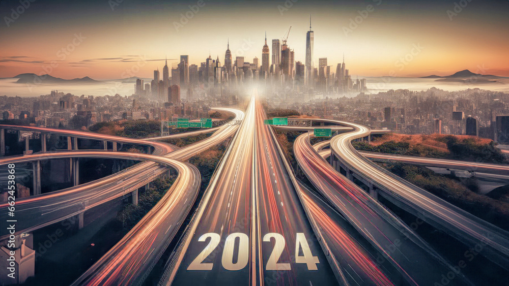 Happy New Year 2024 on the Road to a Very Successful New Year Wallpaper Background Backdrop Card Poster Digital Art - obrazy, fototapety, plakaty 