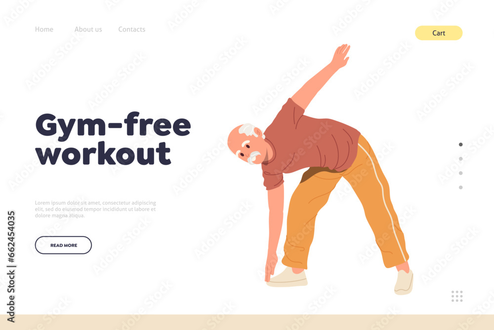 Gym-free workout advertisement landing page design template with elderly man enjoying training
