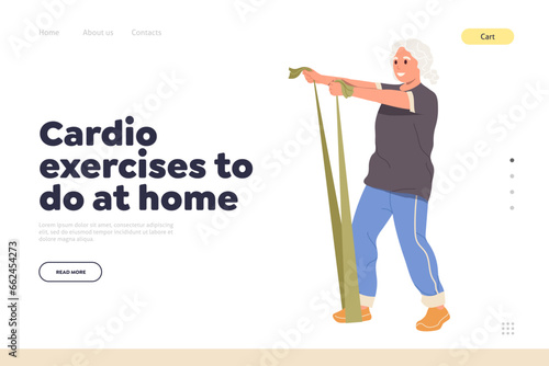 Sport landing page offers cardio exercise to do at home for old senior people for physical strength