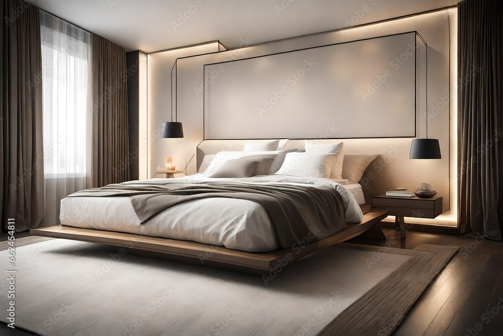 A Canvas Frame for a mockup in a modern bedroom, positioned above a sleek, low-profile bed with geometric-patterned throw pillows. A Canvas Frame for a mockup in a modern bedroom, positioned above a sleek, low-profile bed with geometric-patterned throw pillows.