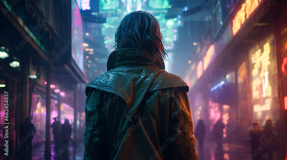 Obraz premium A woman, with her back turned against the camera, standing in the middle of a Cyberpunk city street at night during a downpour