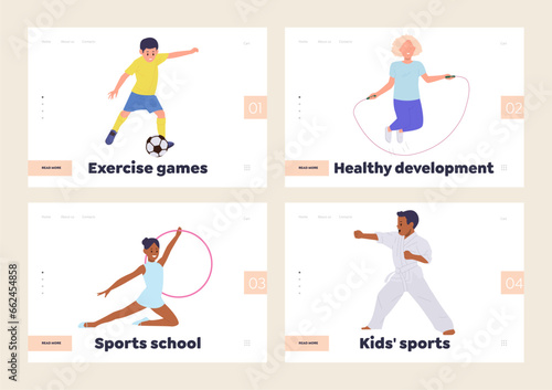 Isolated set of landing page template advertising training club and sport school classes for kids