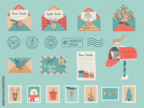 Set of Santa mail included Christmas opened and closed  envelopes, decorated with branches and dried lemon slice, seals, postage stamps,  Wishlist, Mailbox. Vector illustration on light background