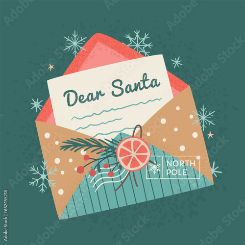 Christmas open envelope with seals, stamps, decorated Christmas tree branch and dried lemon slice. Greeting card with lettering Dear Santa. Vector flat cartoon illustration on dark background