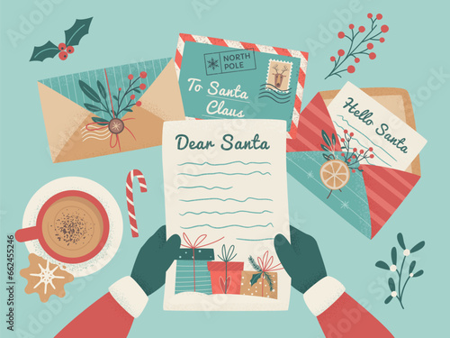Merry Christmas and Happy New Year concept. Santa reading letter on Christmas eve. Top view table with decorated letters, tea cup, cookies, candy, lmistletoe branch. Flat lay vector illustration