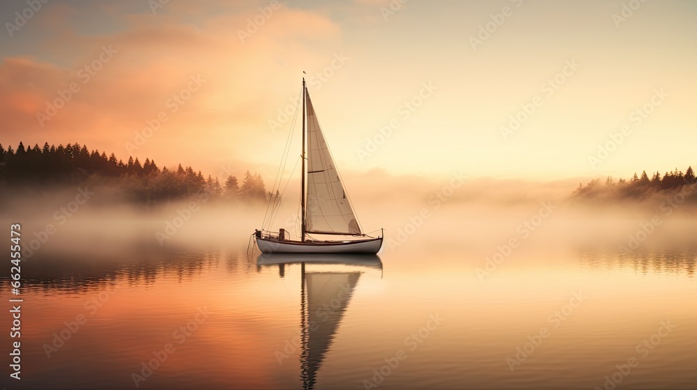Fototapeta premium a sailboat floating on a lake with a forest in the background. generative ai