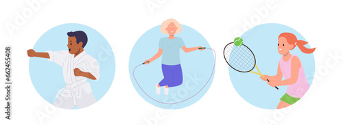 Happy children characters doing karate sport, jumping skipping rope, playing big tennis set