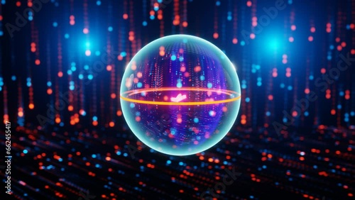 Quantum qubit in superposition state, bloch sphere, visualisation of concept of quantum coputing, illustration, 3D rendering, animation